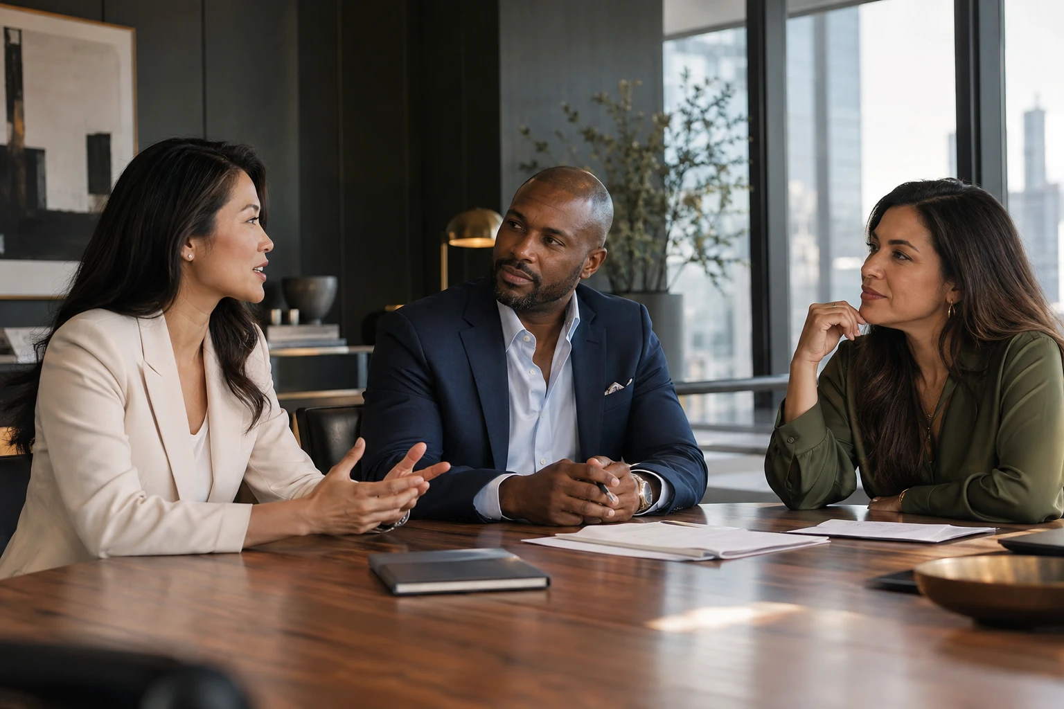 A diverse group of business professionals collaborating in a contemporary office