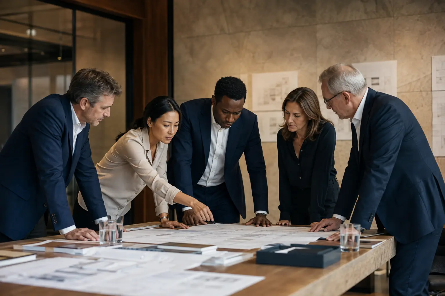 Investors and company leaders working together around a project table