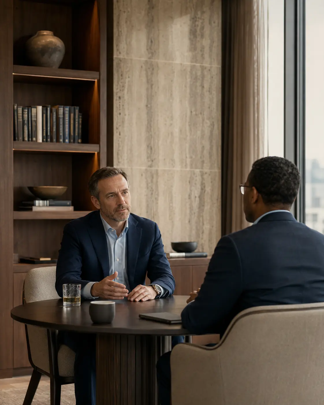 Two business leaders in a focused private office conversation